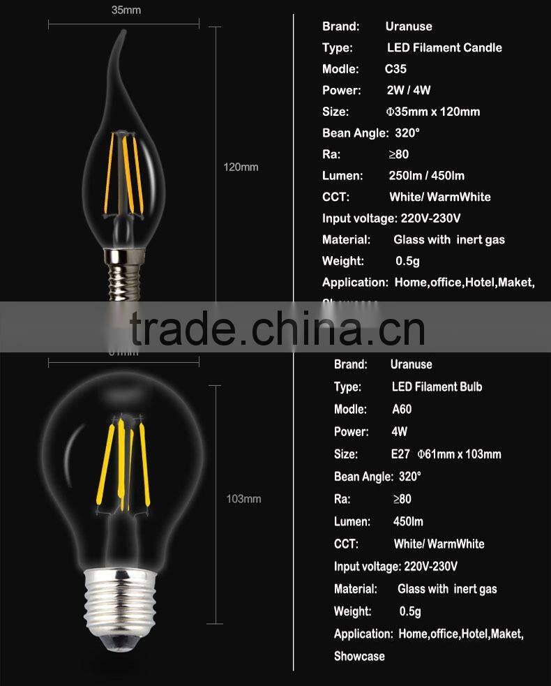 2014 new arrival E27 360 degree A60 LED Filament bulb, 6W led filament candle light