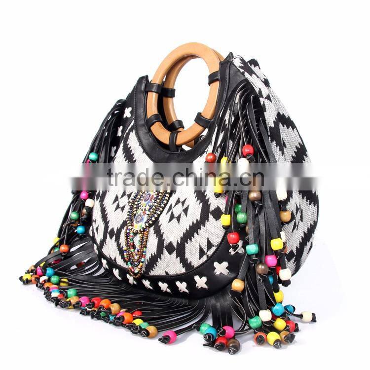 Ethnic Style Wood Bead Strap Multi-color Stripes Cloth Tote Shoulder Bag Handbag