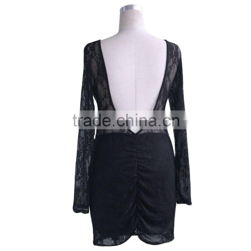 sexu back open evening dress lace bodycon dress long sleeve black color Factory supply