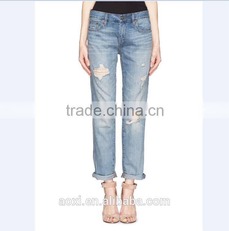 2014 Sexy women high waist wholesale price alibaba China supplier cheap blue distressed 100% cotton denim jean pants factory