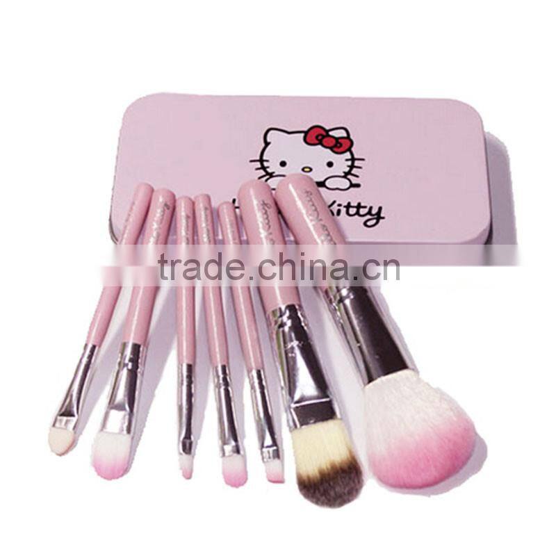 Hot sell professional 7pcs per set hello kitty makeup brushes pink wood handle synthetic hair make up brush set