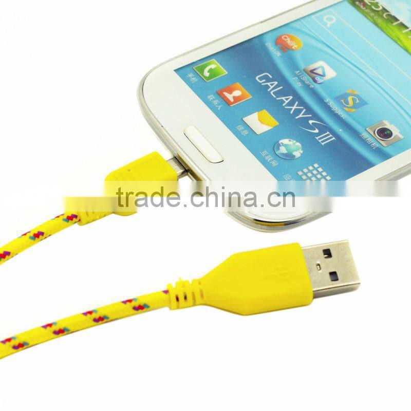 2015 wholesale colorful micro usb cable for Blackberry/HTC/Samsung,2M 6FT fabric nylon braided micro usb cable(white)