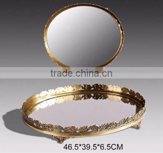 Unique Design Brass Oval Mirror Tray, Hand Engraved Gilt Bronze Serving Tray With Mouthed Edge