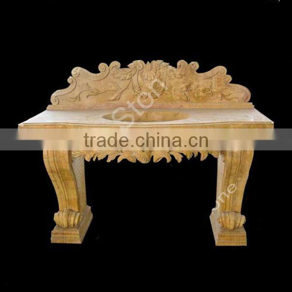Yellow Marble Washing Basin Carved with Flowers