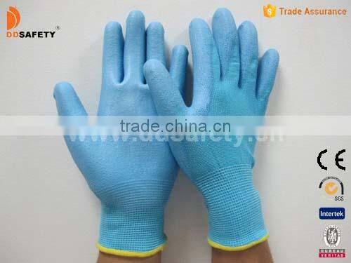 DDSAFETY Hot Sale PU Coated Working Glove Blue Nylon Liner Knit Wrist