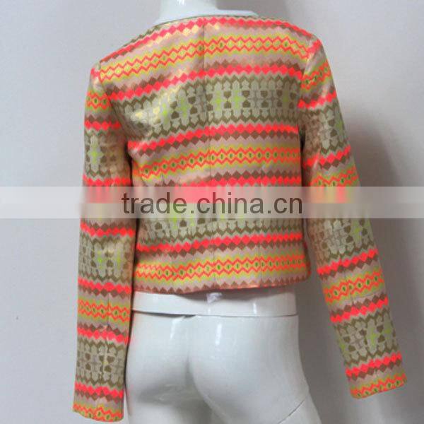 Bulk wholesale round neck jacquard women jacket with gold metal