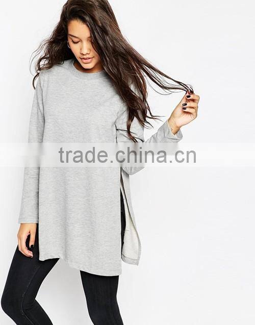 Latest women longline side splits crewneck plain sweatshirt wholesale