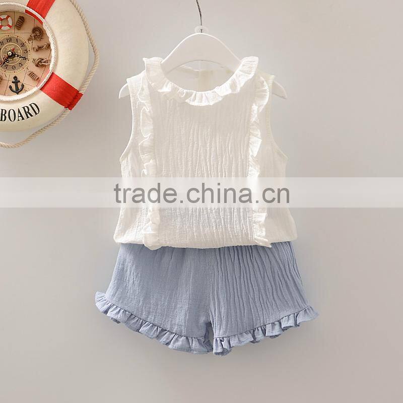 Blank baby clothes top ruffle shorts two piece set 100% cotton clothing for toddlers crushed linen outfit