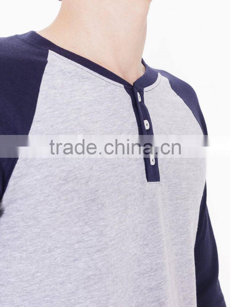 mens plain ranglan shirt 3/4 sleeve raglan t shirt blue and grey
