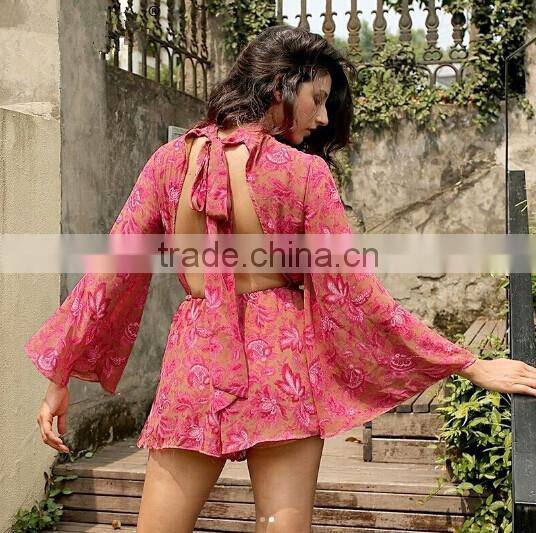 custom long sleeve womens romper chiffon printing spring plus size ladies jumpsuits