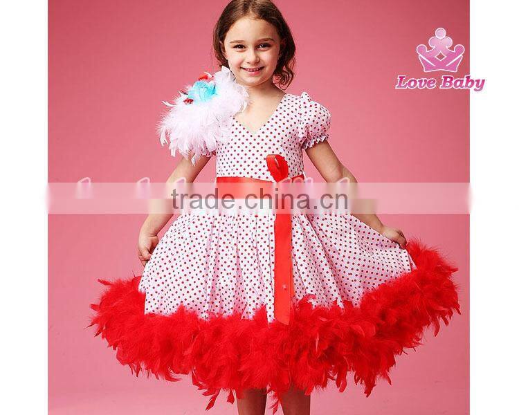 Fashion Red Polk Dot Dress Feather on Shoulder Wedding Tutu Dress for Child Girls