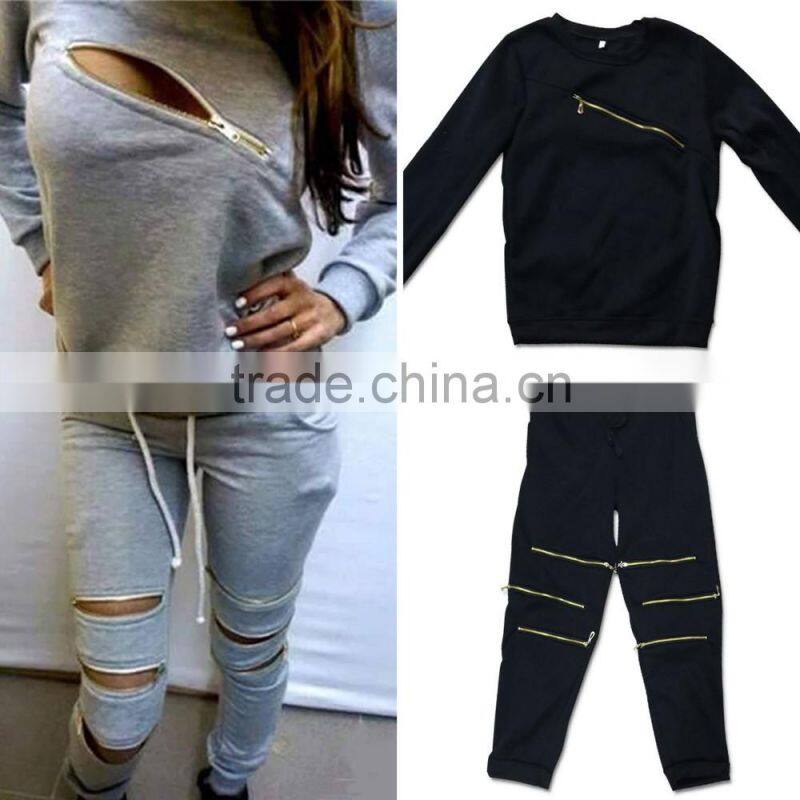 New arrive Womens sexy Zipper Tracksuit Hoodie Sweatshirt+Pants Casual Hip Pop Sportwear