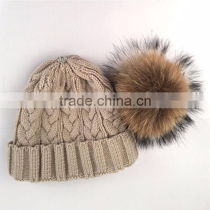 Myfur Cable Knit Hat Wholesale Beanie Cap with Raccoon Fur Pom Poms