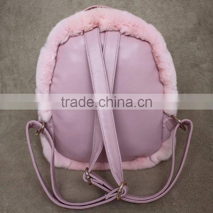 Myfur Baby Pink Girls Real Rabbit Fur Trim Leather Backpack Bag Wholesale