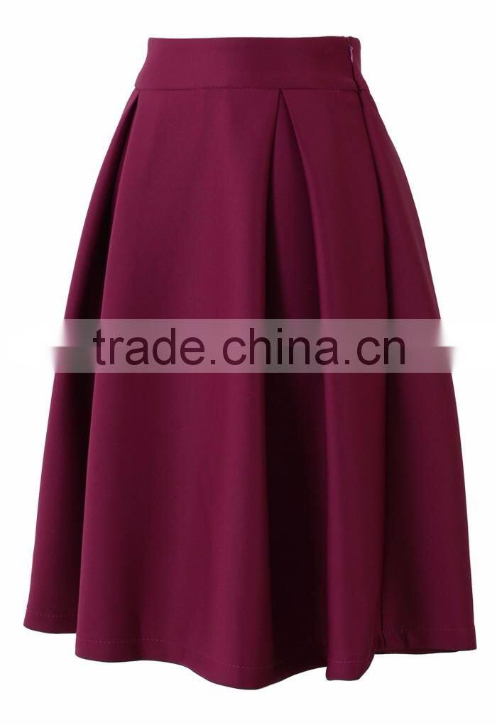 100% Polyester pleated side pocket midi skirt wholesale women skirts outfit 2016