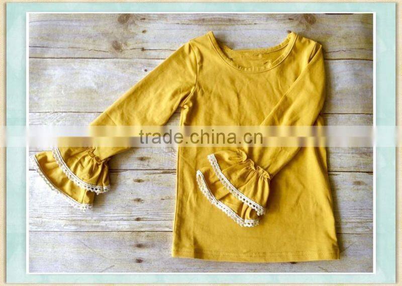 wholesale icing ruffle shirt 100%cotton yellow lace ruffle t-shirt icing ruffle long sleeve baby shirts