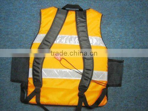 Life jacket with shoulder straps and whistle