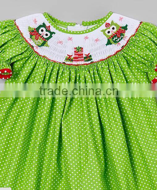 Lime Owl Dot hand smocked children clothing wholesale