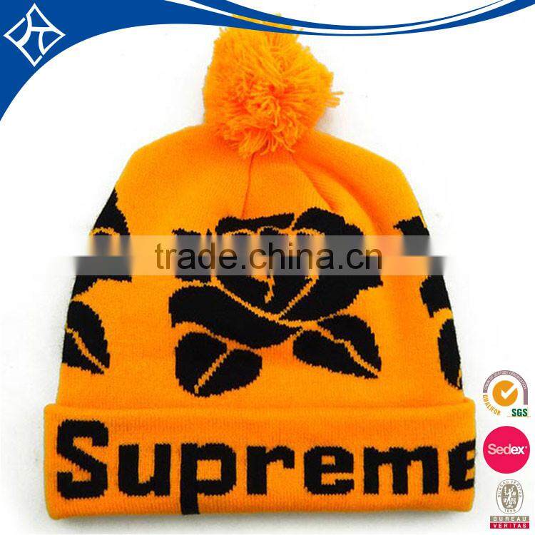 wholesale winter fold up knitted beanie hats with big pompom