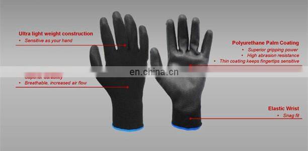 Factory Price Black Nylon PU Dipped Gripping Gloves, guante de poliuretano