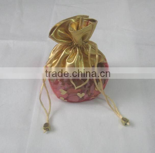 Gold Sheer Organza bags printed with hearts and drawstrings,Perfect Valentine's Day Gift Decorate Pouches