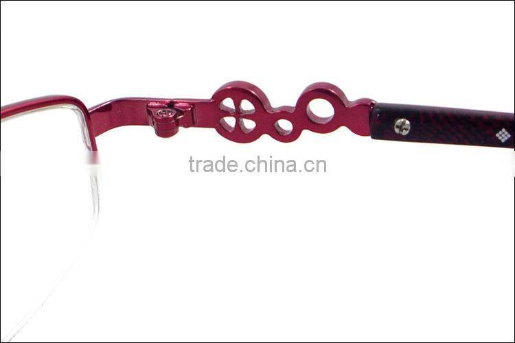 Fashion style women metal half frame eyeglasses frame with pattern temple with clear lenses