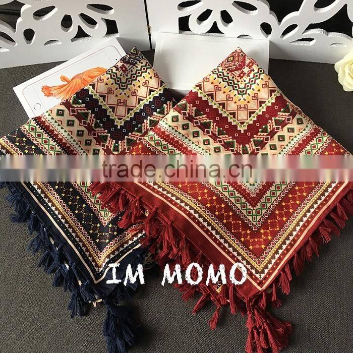 Fashion Retro Printed Pattern with Tassels Women Square Pashmina Encryption Twill Cotton Scarf