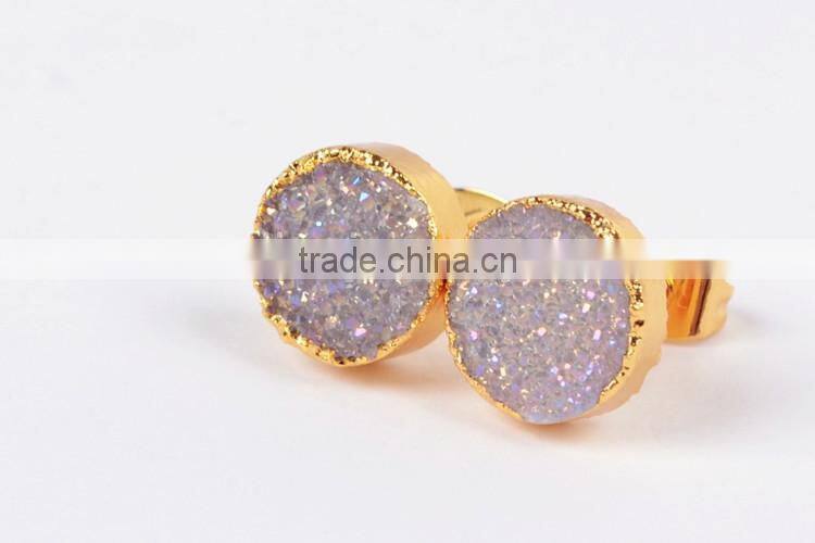 10mm round natural agate titanium AB druzy stone stud earrings