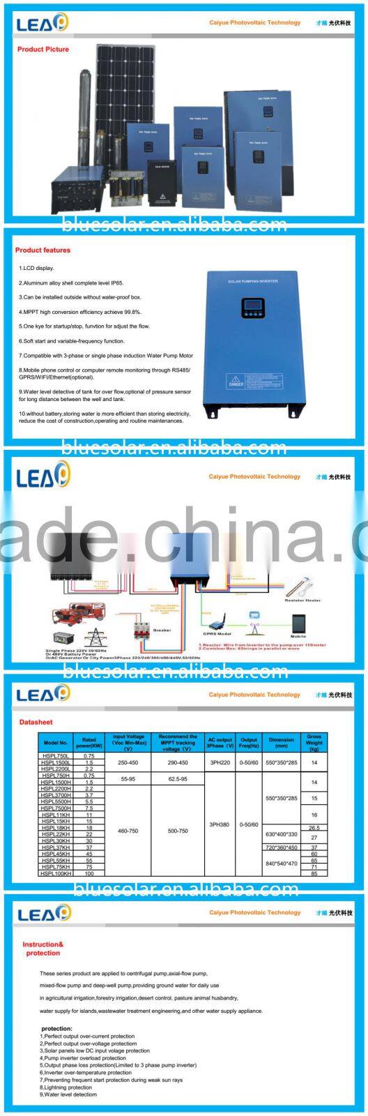 LEAP 0.75kw - 200kw three phase ac solar pump inverter for agriculture irrigation and desert control