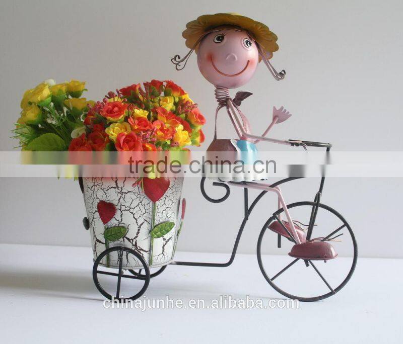 New Bicycle Design Metal Doll with Flower Pot for Decoration