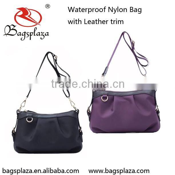 Alibaba China High Quality Woman Casual Nylon Sling Handbag With Leather Trim