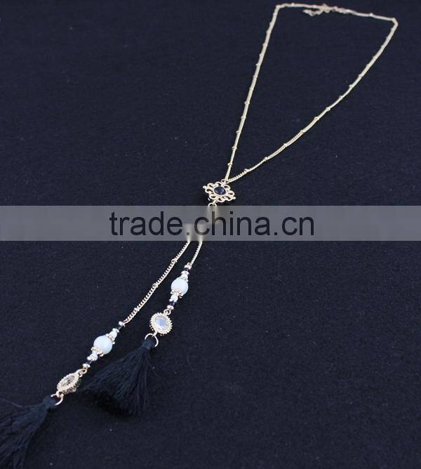 2015 Newest Long Black Tassel Pendant Pearl Inlaid Gems Necklace