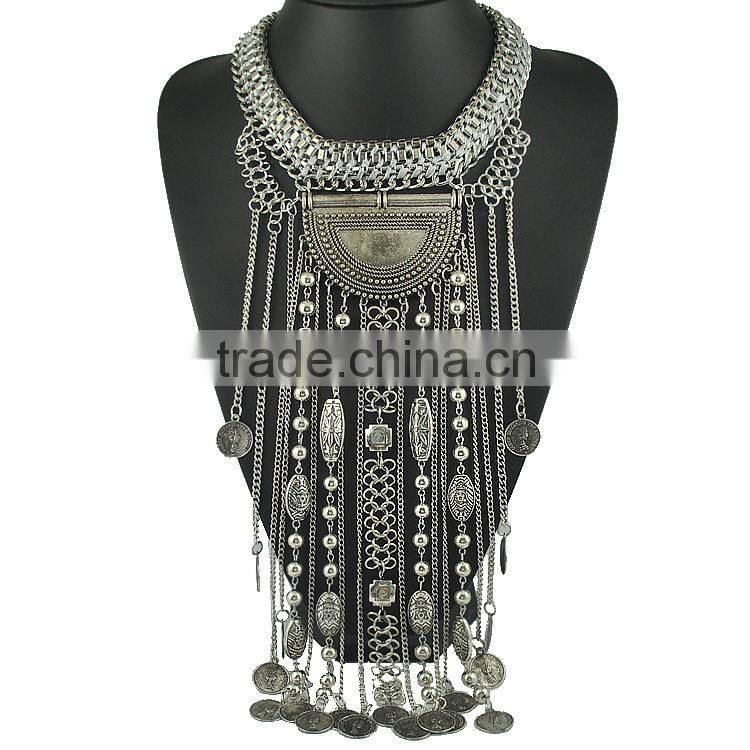 long silver multilayer tassel coin necklace, coin holder necklace