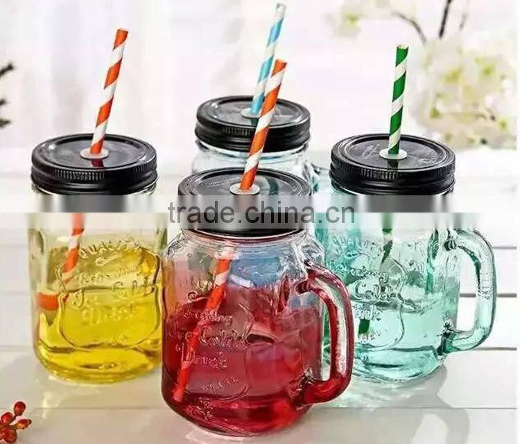 glass mason jars with straw /mason jars with lid and handle/ storage glass jars