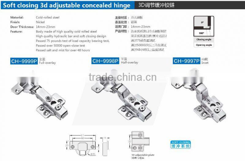 Soft closing 3d adjustable concealed hinge CH-9997P Inset