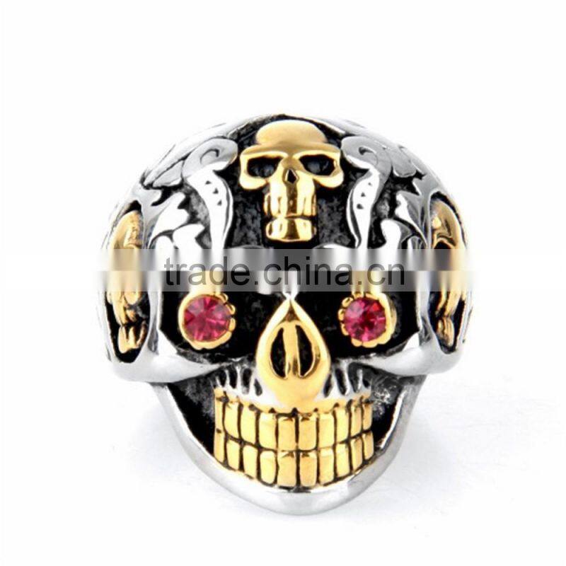 Jingli Jewelry Casting gold men's stainless steel skull biker rings with red eyes (HS-030)