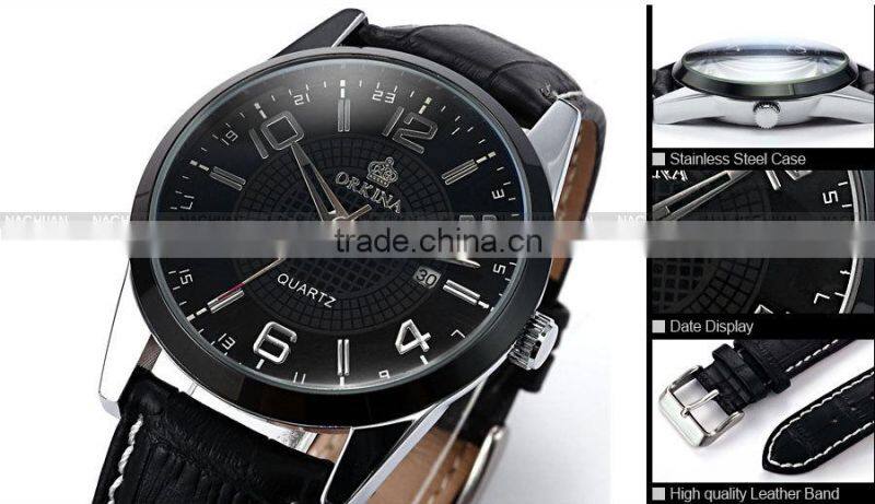 Orkina Mens Black Leather Stainless Steel Case Chrono Date Display Analog Sport Quartz Wrist Watch