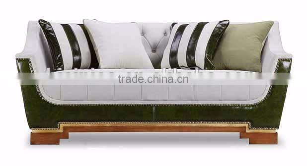 American concise design solid wood frame fabric seat genuine leather back living room sofa set