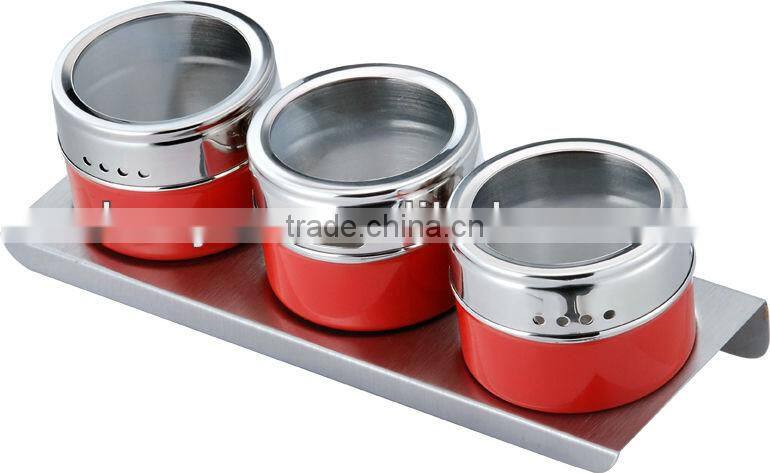 RED powder spraying condiment set,stainless steel spice container,,set of 3 pcs glass lid spice jar