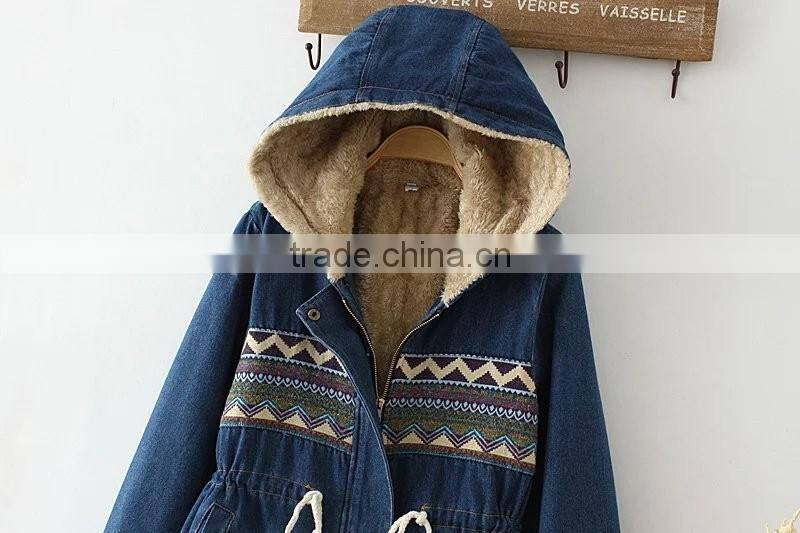 Korea style thicken denim coat long winter add wool clothes