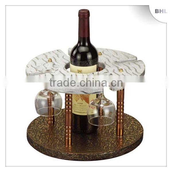 Hot Sales! Hotel Supplies Round Leather Red Wine Rack YJ-3 with 6 Glass Holder, Bottle Display Rack for Bar Counter/Guest Room