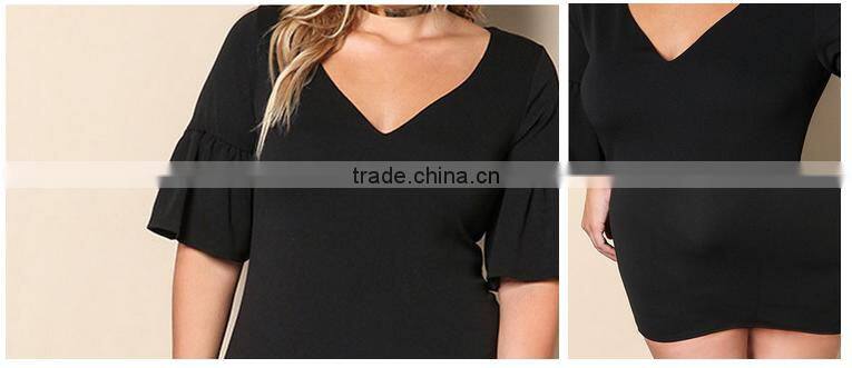 2017 hot sale deep v-neck elbow sleeve black dress for fat women
