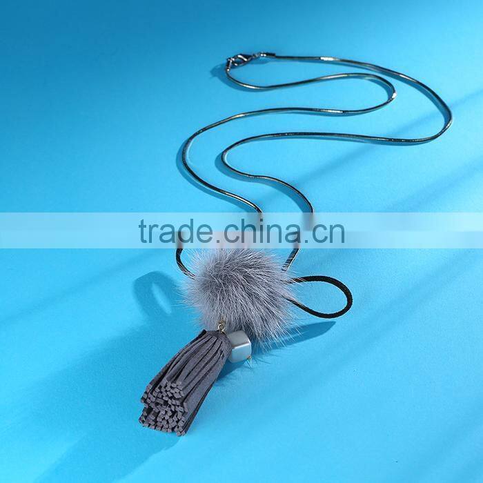 autumn winter mink hair ball pendant necklace velvet tassel long necklace long sweater necklace