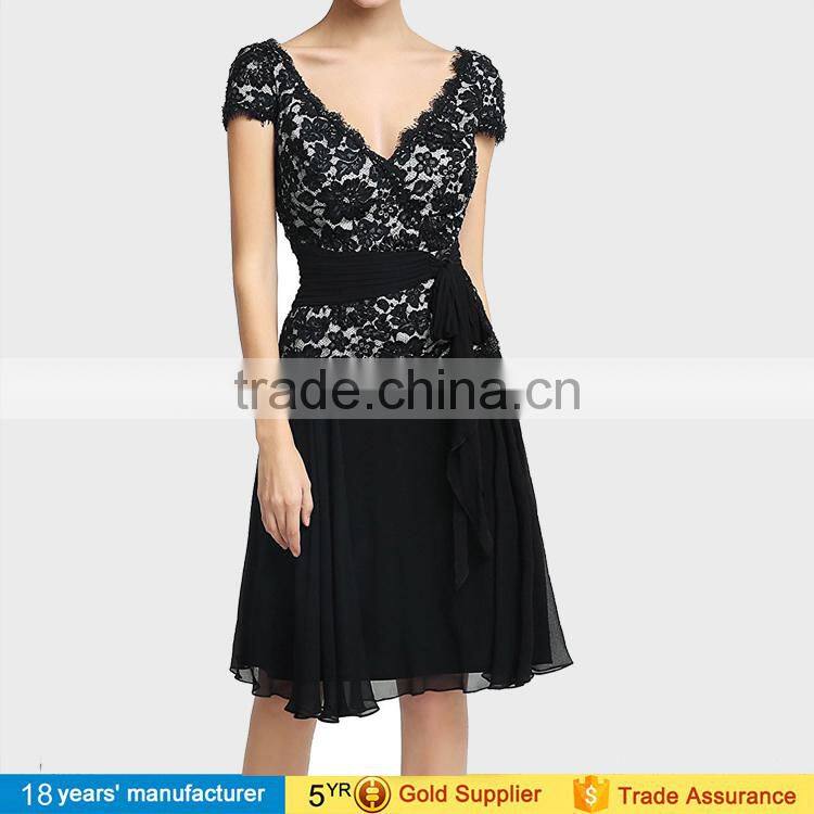 Vintage black wrap embroidery lace knee length casual cocktail party dresses for elegant mature women over 50
