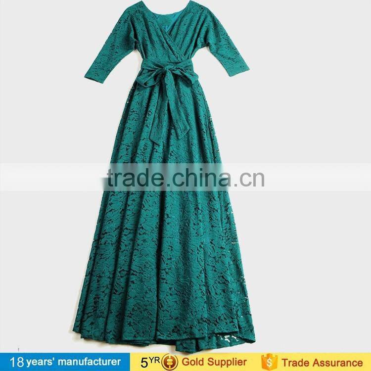 2017 fashion ladies long sleeve wrap lace floor long maxi elegant evening dresses with picture