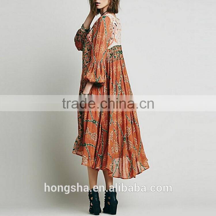 2016 New Burn-Out Ladies Long Csual Dresses Pictures Fashion Printed Vintage Dress HSd7295