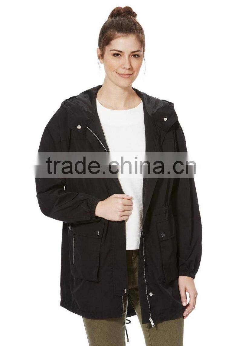 2015 OEM fashion zip through plain wind proof coat long jacket for women.