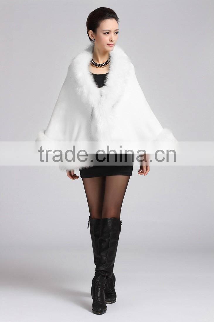 2015 winter fashion knitting with faux fox fur shawl woman cape