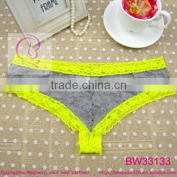 Sexy transparent gray body neon yellow trim lace underwear