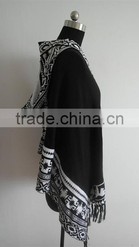 Fashion ladies jacquard knitted hoody poncho sweater